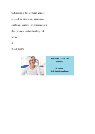 Submission has critical errors
related to citations, grammar,
spelling, syntax, or organization
that prevent understanding of
ideas
4
Total 100%
 