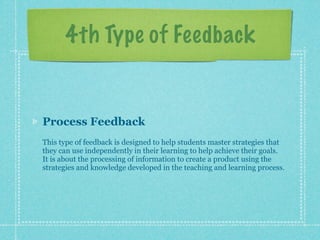 4th Type of Feedback


Process Feedback
This type of feedback is designed to help students master strategies that
they can use independently in their learning to help achieve their goals.
It is about the processing of information to create a product using the
strategies and knowledge developed in the teaching and learning process.
 