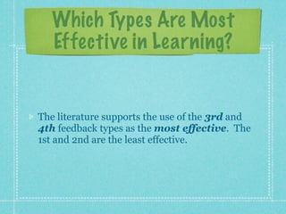Which Types Are Most
   Effective in Learning?


The literature supports the use of the 3rd and
4th feedback types as the ...