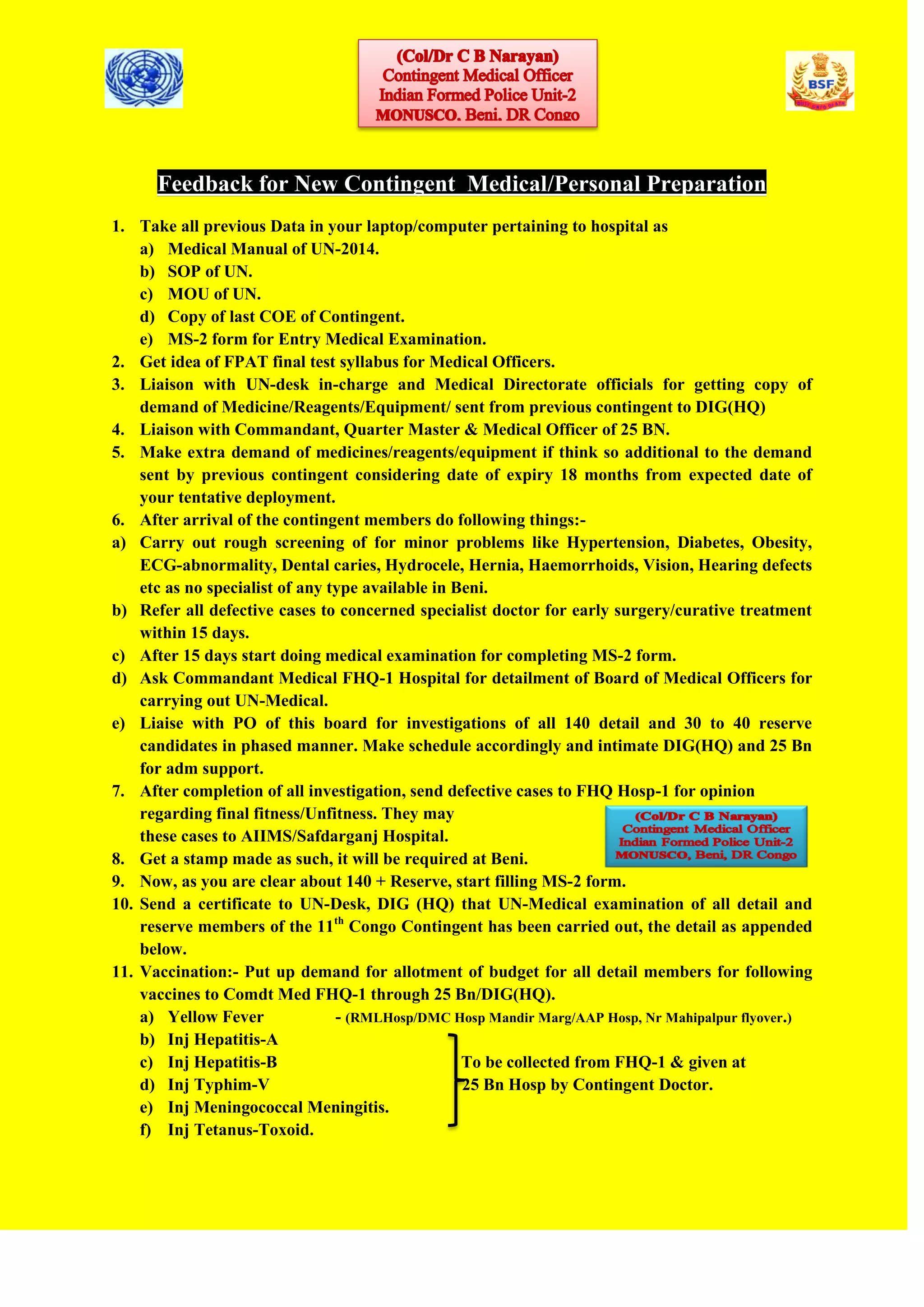 Guideline/Checklist for Contingent Medical Officer going on UN Mission ...