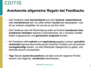 Das Feedback sollte beschreibend und nicht wertend, interpretierend oder moralisierend sein. Es sollte einfach neutral das wiedergeben, was dir am anderen aufgefallen ist und wie es auf dich wirkt. 
Das Feedback oder die Rückmeldung sollte auf konkret messbarem bzw. sichtbarem Verhalten basieren (Unpünktlichkeit, etc.). Einzelne Vorfälle sollten angesprochen und gemeinsam analysiert werden. 
Ein Feedback sollte zeitnah und regelmässig gegeben werden, gründlich vorbereitet (genaue Beschreibung der kritischen Vorfälle) und ausreichend vorangekündigt werden, um dem Mitarbeiter Gelegenheit zu geben, sich ebenfalls darauf vorzubereiten. 
Tipp: Besser zuerst die positiven und dann erst die negativen Punkte nennen und möglichst versöhnlich abschliessen. 
Anerkannte allgemeine Regeln bei Feedbacks 
6 
Corris AG http://www.corris.ch  