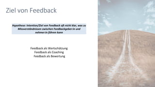 Feedback als Wertschätzung
Feedback als Coaching
Feedback als Bewertung
Ziel von Feedback
Hypothese: Intention/Ziel von Feedback oft nicht klar, was zu
Missverständnissen zwischen Feedbackgeber:in und
nehmer:in führen kann
 