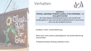 Hypothese:
Ehrliches, aufrichtiges Feedback zu geben, ist kein Selbstläufer – es
muss gelernt werden
Der Fokus liegt bei Workshops/Seminaren sehr auf dem:der
Feedbackgeber:in, aber auch der:die Feedbacknehmer:in muss lernen,
wie er:sie das Feedback annimmt
Feedback = Kritik = Soziale Bedrohung
Gehirn kann nicht zwischen physiologischer und sozialer Bedrohung
unterscheiden
→ Abwehrverhalten, Rückzug, Selbstwert sinkt …
Verhalten
 