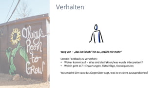 Weg von – „das ist falsch“ hin zu „erzähl mir mehr“
Lernen Feedback zu verstehen:
• Woher kommt es? – Was sind die Fakten/was wurde interpretiert?
• Wohin geht es? – Erwartungen, Ratschläge, Konsequenzen
Was macht Sinn was das Gegenüber sagt, was ist es wert auszuprobieren?
Verhalten
 