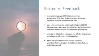 Fakten zu Feedback
• In einer Umfrage von 899 Mitarbeiter:innen
antworteten 72%, dass sie konstruktives, kritisches
Feedback als etwas Wertvolles erachten
• Laut einer Umfrage bei McKinsey Umfrage mit 12 000
Manager:innen kam raus, dass ehrliches, aufschlussreiches
Feedback sehr wichtig für ihre Karrierentwicklung war
• Umfrage in 53 Ländern zeigt, dass nur 5 % der Vorgesetzen
ehrliches und hilfreiches Feedback geben
• 48,8% der Mitarbeiter:innen, die für Feedback
verantwortlich sind, sagen, sie halten die Wahrheit aus
Unbehagen zurück
 