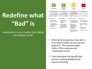 Redefine what
“Bad” is
Investment in Loss is better than hiding
(no feedback at all)
• When all of us practice a new skill, a
new ritual or habit, we are not very
good at it. The outcome likely
suffers. This is what we call
“investment in loss”
• That investment will pay off with
practice, seeking feedback and
course correcting
 