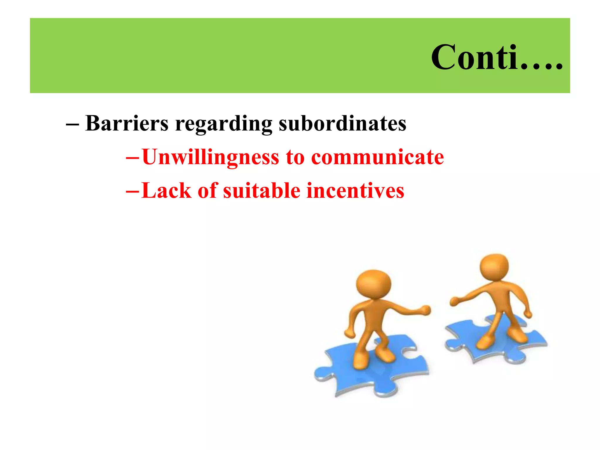 – Barriers regarding subordinates
–Unwillingness to communicate
–Lack of suitable incentives
Conti….
 