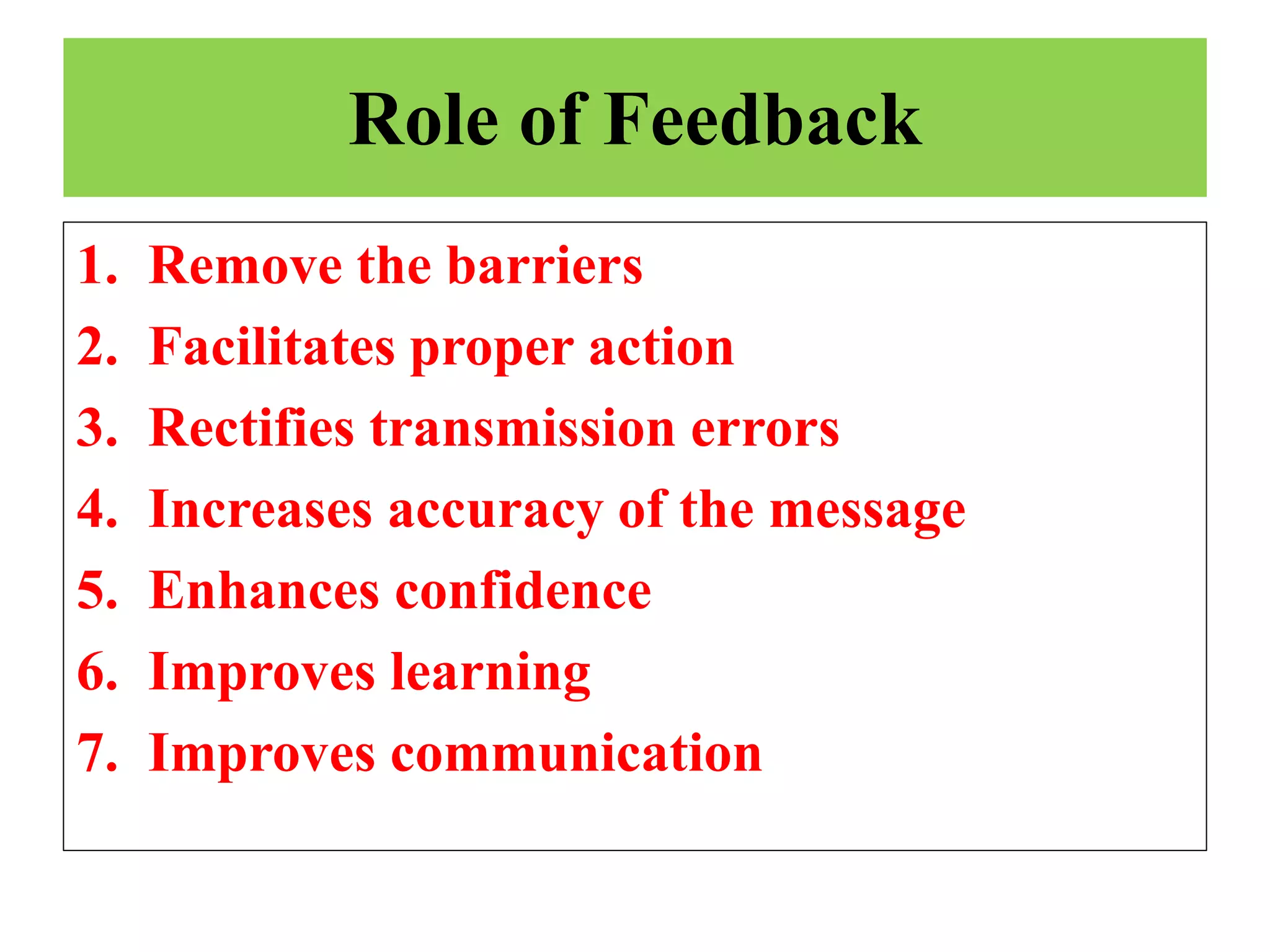 Role of Feedback
1. Remove the barriers
2. Facilitates proper action
3. Rectifies transmission errors
4. Increases accuracy of the message
5. Enhances confidence
6. Improves learning
7. Improves communication
 