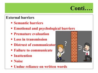 External barriers
 Semantic barriers
 Emotional and psychological barriers
 Premature evaluation
 Loss in transmission
 Distrust of communicator
 Failure to communicate
 Inattention
 Noise
 Undue reliance on written words
Conti….
 