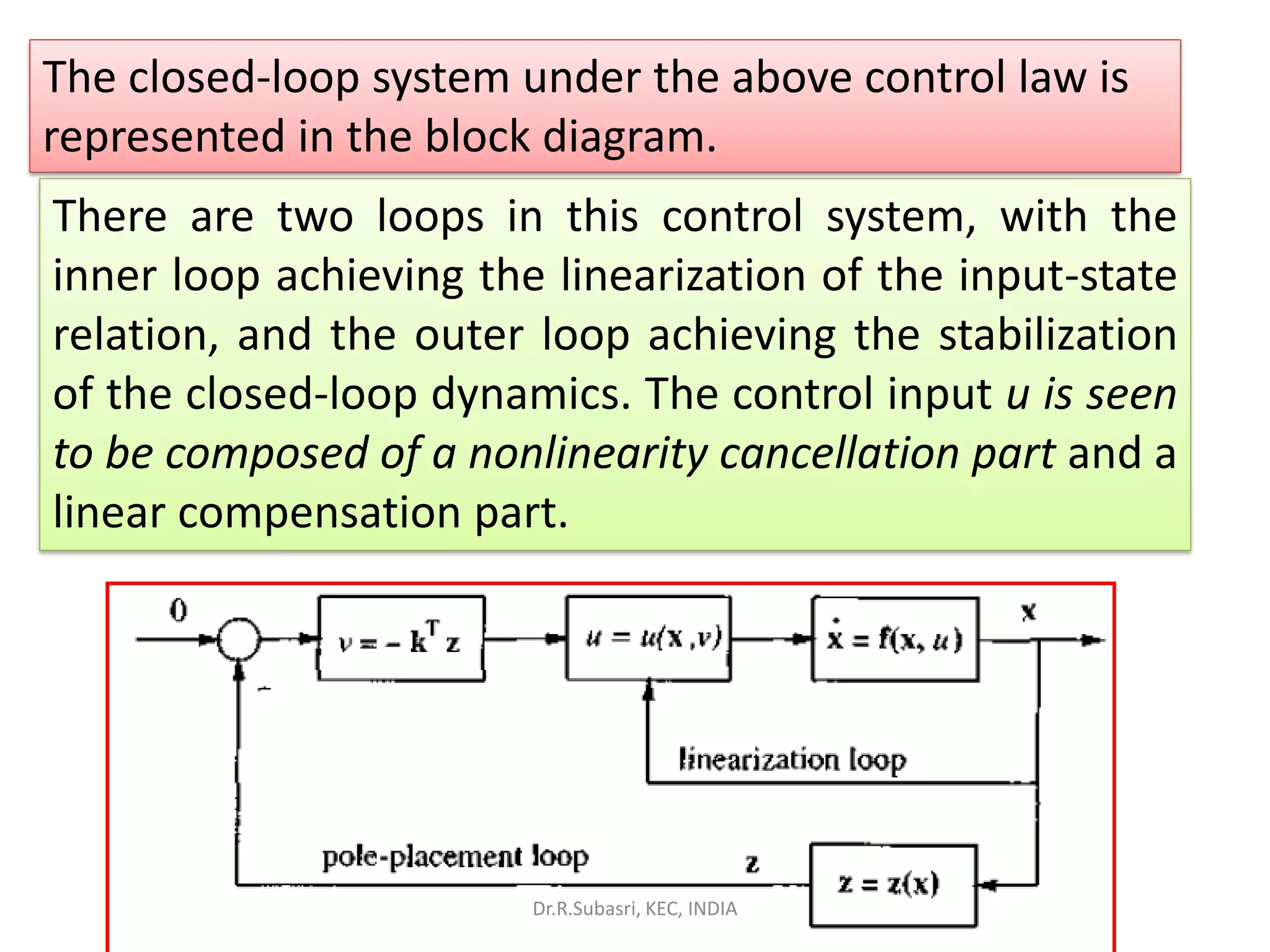 The closed-loop system under the above control law is
represented in the block diagram.
There are two loops in this control system, with the
inner loop achieving the linearization of the input-state
relation, and the outer loop achieving the stabilization
of the closed-loop dynamics. The control input u is seen
to be composed of a nonlinearity cancellation part and a
linear compensation part.
Dr.R.Subasri, KEC, INDIA
 