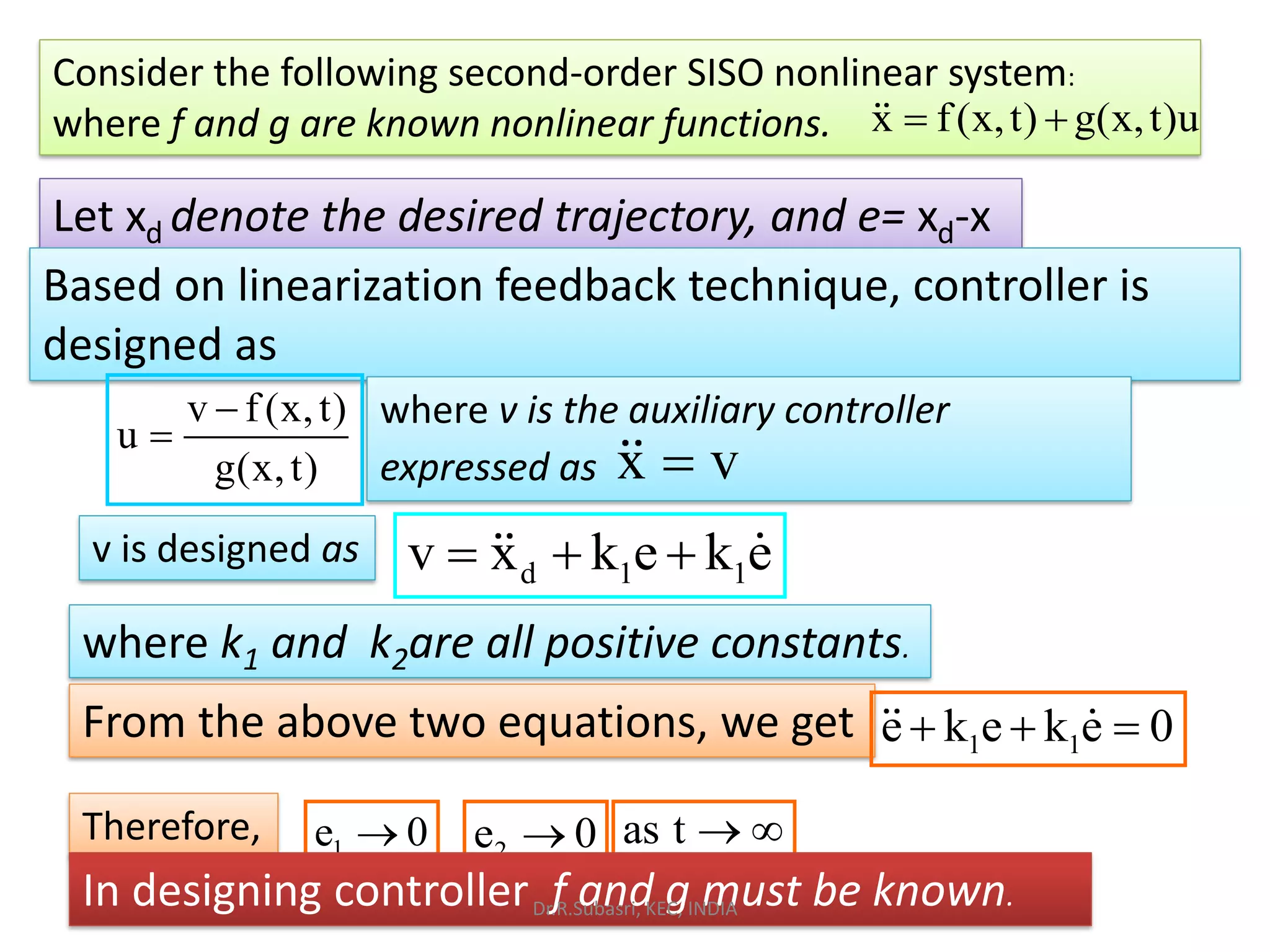 Consider the following second-order SISO nonlinear system:
where f and g are known nonlinear functions. x f(x,t) g(x,t)u= +
Let xd denote the desired trajectory, and e= xd-x
Based on linearization feedback technique, controller is
designed as
v f (x,t)
u
g(x,t)
−
=
where v is the auxiliary controller
expressed as x v=
v is designed as
d 1 1v x k e k e= + +
where k1 and k2are all positive constants.
From the above two equations, we get 1 1e k e k e 0+ + =
Therefore, 1e 0→ 2e 0→ as t → 
In designing controller f and g must be known.Dr.R.Subasri, KEC, INDIA
 