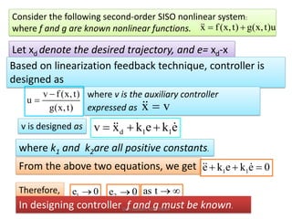 Consider the following second-order SISO nonlinear system:
where f and g are known nonlinear functions. x f(x,t) g(x,t)u= +
Let xd denote the desired trajectory, and e= xd-x
Based on linearization feedback technique, controller is
designed as
v f (x,t)
u
g(x,t)
−
=
where v is the auxiliary controller
expressed as x v=
v is designed as
d 1 1v x k e k e= + +
where k1 and k2are all positive constants.
From the above two equations, we get 1 1e k e k e 0+ + =
Therefore, 1e 0→ 2e 0→ as t → 
In designing controller f and g must be known.Dr.R.Subasri, KEC, INDIA
 