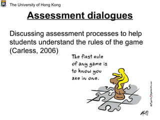 Assessment dialogues
Discussing assessment processes to help
students understand the rules of the game
(Carless, 2006)
The University of Hong Kong
 