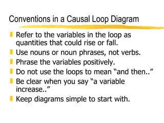 Conventions in a Causal Loop Diagram Refer to the variables in the loop as quantities that could rise or fall. Use nouns or noun phrases, not verbs. Phrase the variables positively. Do not use the loops to mean “and then..” Be clear when you say “a variable increase..” Keep diagrams simple to start with. 