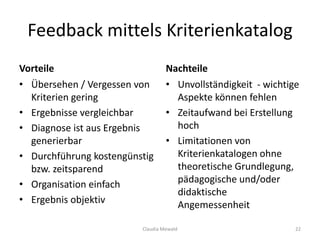 Feedback mittels Kriterienkatalog
Vorteile
• Übersehen / Vergessen von
Kriterien gering
• Ergebnisse vergleichbar
• Diagnose ist aus Ergebnis
generierbar
• Durchführung kostengünstig
bzw. zeitsparend
• Organisation einfach
• Ergebnis objektiv
Nachteile
• Unvollständigkeit - wichtige
Aspekte können fehlen
• Zeitaufwand bei Erstellung
hoch
• Limitationen von
Kriterienkatalogen ohne
theoretische Grundlegung,
pädagogische und/oder
didaktische
Angemessenheit
Claudia Mewald 22
 