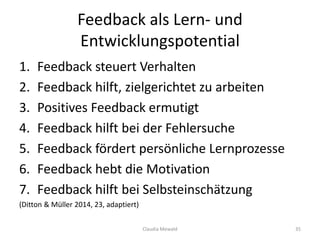 Feedback als Lern- und
Entwicklungspotential
1. Feedback steuert Verhalten
2. Feedback hilft, zielgerichtet zu arbeiten
3. Positives Feedback ermutigt
4. Feedback hilft bei der Fehlersuche
5. Feedback fördert persönliche Lernprozesse
6. Feedback hebt die Motivation
7. Feedback hilft bei Selbsteinschätzung
(Ditton & Müller 2014, 23, adaptiert)
Claudia Mewald 35
 