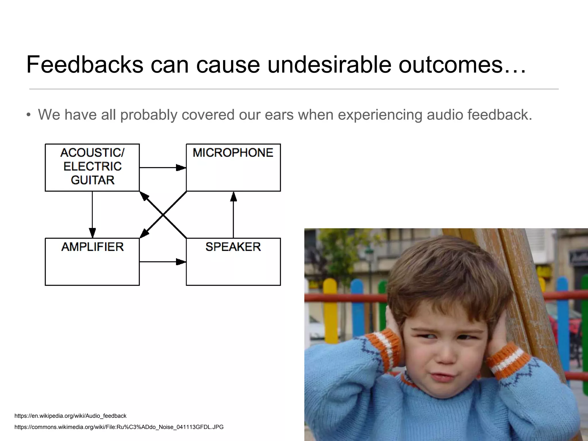 Feedbacks can cause undesirable outcomes…
• We have all probably covered our ears when experiencing audio feedback.
https://en.wikipedia.org/wiki/Audio_feedback
https://commons.wikimedia.org/wiki/File:Ru%C3%ADdo_Noise_041113GFDL.JPG
 