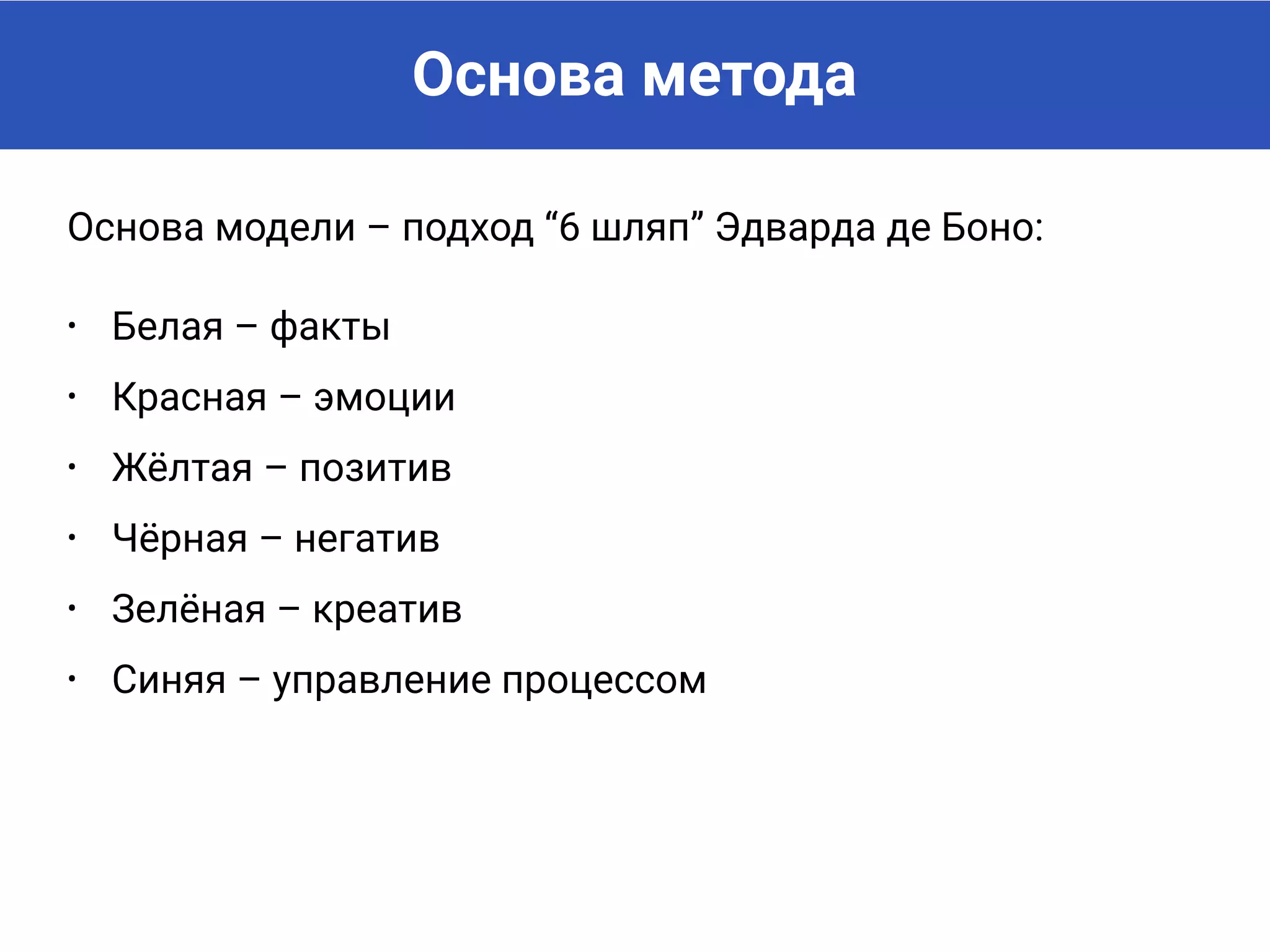 Основа метода
Основа модели – подход “6 шляп” Эдварда де Боно:
• Белая – факты
• Красная – эмоции
• Жёлтая – позитив
• Чёрная – негатив
• Зелёная – креатив
• Синяя – управление процессом
 