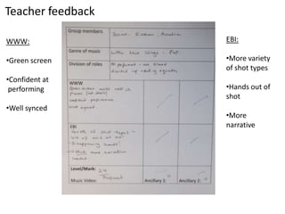 Teacher feedback

WWW:               EBI:

•Green screen      •More variety
                   of shot types
•Confident at
 performing        •Hands out of
                   shot
•Well synced
                   •More
                   narrative
 
