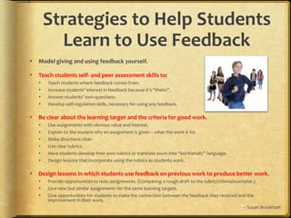 Strategies to Help Students
Learn to Use Feedback
 Model giving and using feedback yourself.
 Teach students self- and peer assessment skills to:
 Teach students where feedback comes from.
 Increase students’ interest in feedback because it’s “theirs”.
 Answer students’ own questions.
 Develop self-regulation skills, necessary for using any feedback.
 Be clear about the learning target and the criteria for good work.
 Use assignments with obvious value and interest.
 Explain to the student why an assignment is given – what the work is for.
 Make directions clear.
 Use clear rubrics.
 Have students develop their own rubrics or translate yours into “kid-friendly” language.
 Design lessons that incorporate using the rubrics as students work.
 Design lessons in which students use feedback on previous work to produce better work.
 Provide opportunities to redo assignments. (Comparing a rough draft to the rubric/criteria/exemplar.)
 Give new but similar assignments for the same learning targets.
 Give opportunities for students to make the connection between the feedback they received and the
improvement in their work.
~ Susan Brookhart
 