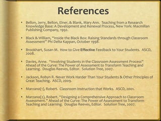 References
 Bellon, Jerry, Bellon, Elner, & Blank, Mary Ann. Teaching from a Research
Knowledge Base: A Development and Renewal Process, New York: Macmillan
Publishing Company, 1992.
 Black & William, “Inside the Black Box: Raising Standards through Classroom
Assessment” Phi Delta Kappan, October 1998.
 Brookhart, Susan M. How to Give Effective Feedback to Your Students. ASCD,
2008.
 Davies, Anne. “Involving Students in the Classroom Assessment Process”
Ahead of the Curve: The Power of Assessment to Transform Teaching and
Learning. Douglas Reeves, Editor. Solution Tree, 2007.
 Jackson, Robyn R. Never Work Harder Than Your Students & Other Principles of
Great Teaching. ASCD, 2009.
 Marzano(1), Robert. Classroom Instruction that Works. ASCD, 2001.
 Marzano(2), Robert. “Designing a Comprehensive Approach to Classroom
Assessment.” Ahead of the Curve: The Power of Assessment to Transform
Teaching and Learning. Douglas Reeves, Editor. Solution Tree, 2007.
 