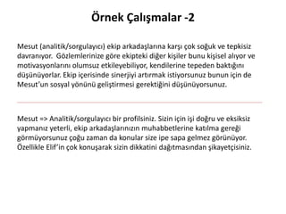 Örnek Çalışmalar -2
Mesut (analitik/sorgulayıcı) ekip arkadaşlarına karşı çok soğuk ve tepkisiz
davranıyor. Gözlemlerinize göre ekipteki diğer kişiler bunu kişisel alıyor ve
motivasyonlarını olumsuz etkileyebiliyor, kendilerine tepeden baktığını
düşünüyorlar. Ekip içerisinde sinerjiyi artırmak istiyorsunuz bunun için de
Mesut’un sosyal yönünü geliştirmesi gerektiğini düşünüyorsunuz.
Mesut => Analitik/sorgulayıcı bir profilsiniz. Sizin için işi doğru ve eksiksiz
yapmanız yeterli, ekip arkadaşlarınızın muhabbetlerine katılma gereği
görmüyorsunuz çoğu zaman da konular size ipe sapa gelmez görünüyor.
Özellikle Elif’in çok konuşarak sizin dikkatini dağıtmasından şikayetçisiniz.
 