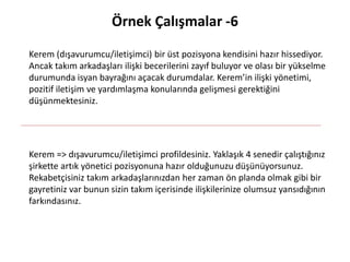 Örnek Çalışmalar -6
Kerem (dışavurumcu/iletişimci) bir üst pozisyona kendisini hazır hissediyor.
Ancak takım arkadaşları ilişki becerilerini zayıf buluyor ve olası bir yükselme
durumunda isyan bayrağını açacak durumdalar. Kerem’in ilişki yönetimi,
pozitif iletişim ve yardımlaşma konularında gelişmesi gerektiğini
düşünmektesiniz.
Kerem => dışavurumcu/iletişimci profildesiniz. Yaklaşık 4 senedir çalıştığınız
şirkette artık yönetici pozisyonuna hazır olduğunuzu düşünüyorsunuz.
Rekabetçisiniz takım arkadaşlarınızdan her zaman ön planda olmak gibi bir
gayretiniz var bunun sizin takım içerisinde ilişkilerinize olumsuz yansıdığının
farkındasınız.
 