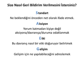 Size Nasıl Geri Bildirim Verilmesini İstersiniz?
tandart
Ne beklendiğini önceden net olarak ifade etmek.
ksiyon
Yorum katmadan kişiye değil
aksiyona/davranışa/duruma odaklanmak
tki
Bu davranış nasıl bir etki doğuruyor belirtmek
elişim
Gelişim için ne yapılabileceğini adreslemek
 