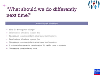 +
    ‘What should we do differently
    next time?’
                                             More examples, frameworks


    n    Solve and develop more examples
    n    Use a business to business example (too)
    n    Discuss more examples similar to actual cases from interviews
    n    Use a business to business example (too)
    n    Discuss more examples similar to actual cases from interviews
    n    A bit more industry-specific "denominators" for a wider range of industries
    n    Discuss more frame works and usage
 