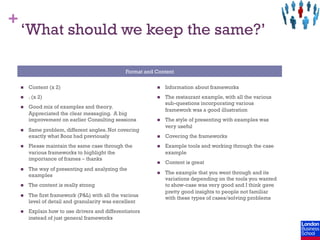 +
    ‘What should we keep the same?’

                                                  Format and Content

    n    Content (x 2)                                      n    Information about frameworks
    n    . (x 2)                                            n    The restaurant example, with all the various
                                                                   sub-questions incorporating various
    n    Good mix of examples and theory.
                                                                   framework was a good illustration
          Appreciated the clear messaging. A big
          improvement on earlier Consulting sessions         n    The style of presenting with examples was
                                                                   very useful
    n    Same problem, different angles. Not covering
          exactly what Booz had previously                   n    Covering the frameworks
    n    Please maintain the same case through the          n    Example tools and working through the case
          various frameworks to highlight the                      example
          importance of frames – thanks
                                                             n    Content is great
    n    The way of presenting and analyzing the
                                                             n    The example that you went through and its
          examples
                                                                   variations depending on the tools you wanted
    n    The content is really strong                             to show-case was very good and I think gave
                                                                   pretty good insights to people not familiar
    n    The first framework (P&L) with all the various           with these types of cases/solving problems
          level of detail and granularity was excellent
    n    Explain how to use drivers and differentiators
          instead of just general frameworks
 