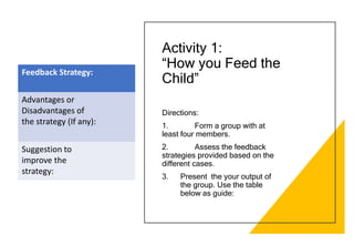 Activity 1:
“How you Feed the
Child”
Directions:
1. Form a group with at
least four members.
2. Assess the feedback
strategies provided based on the
different cases.
3. Present the your output of
the group. Use the table
below as guide:
Feedback Strategy:
Advantages or
Disadvantages of
the strategy (If any):
Suggestion to
improve the
strategy:
 