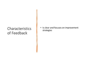 Characteristics
of Feedback
• Is clear and focuses on improvement
strategies
 