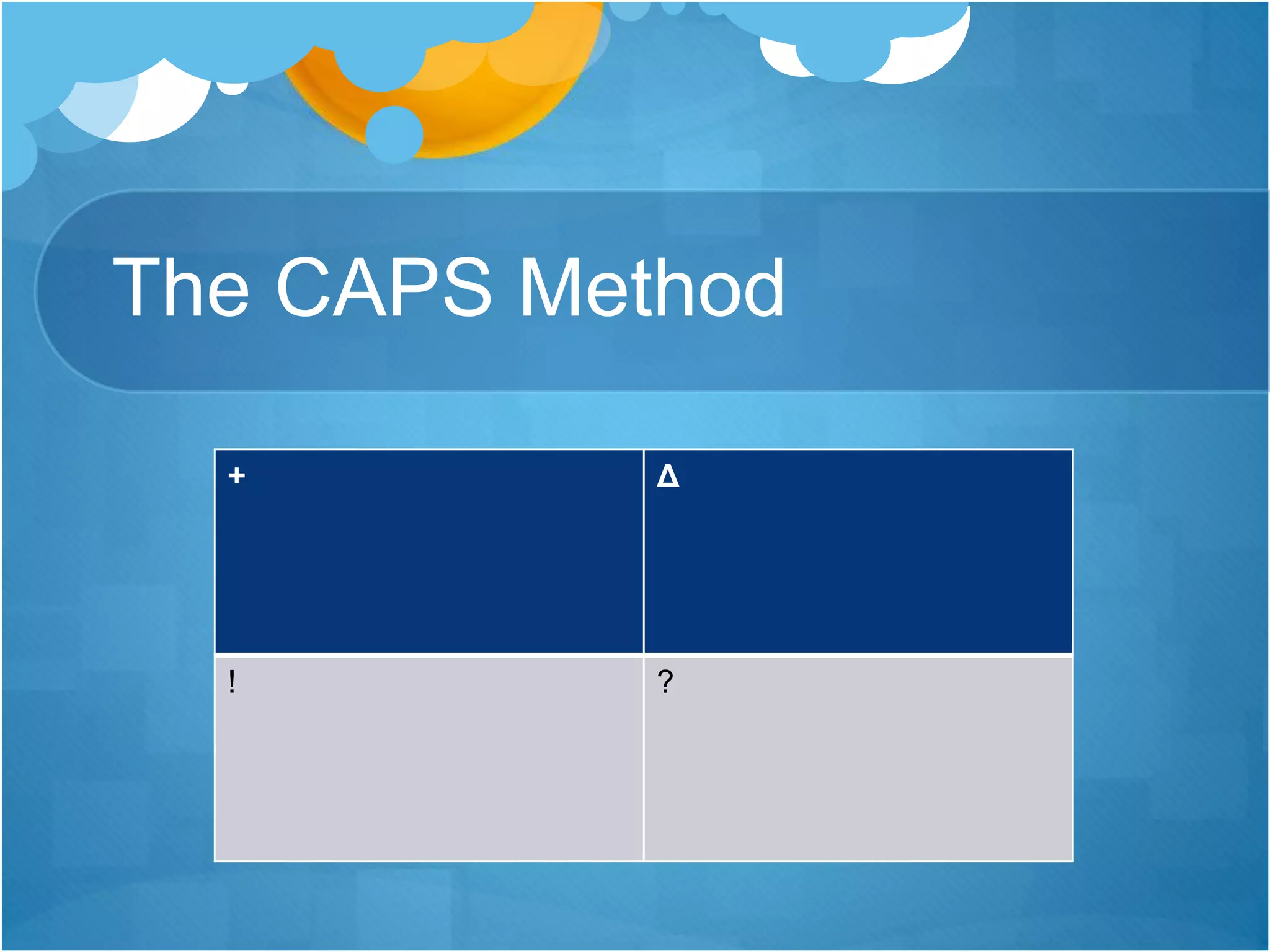 The CAPS Method
+ Δ
! ?
 
