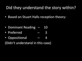 Did they understand the story within?
• Based on Stuart Halls reception theory:
• Dominant Reading – 10
• Preferred – 3
• Oppositional – 4
(Didn’t understand in this case)
 