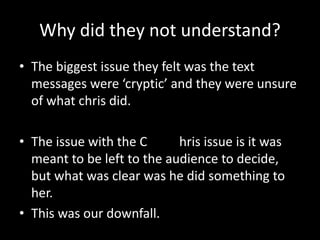 Why did they not understand?
• The biggest issue they felt was the text
messages were ‘cryptic’ and they were unsure
of what chris did.
• The issue with the C hris issue is it was
meant to be left to the audience to decide,
but what was clear was he did something to
her.
• This was our downfall.
 