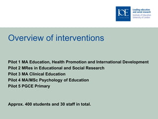 Overview of interventions

Pilot 1 MA Education, Health Promotion and International Development
Pilot 2 MRes in Educational and Social Research
Pilot 3 MA Clinical Education
Pilot 4 MA/MSc Psychology of Education
Pilot 5 PGCE Primary



Approx. 400 students and 30 staff in total.
 
