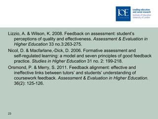 Lizzio, A. & Wilson, K. 2008. Feedback on assessment: student’s
   perceptions of quality and effectiveness. Assessment & Evaluation in
   Higher Education 33 no.3:263-275.
Nicol, D. & Macfarlane,-Dick, D. 2006. Formative assessment and
   self-regulated learning: a model and seven principles of good feedback
   practice. Studies in Higher Education 31 no. 2: 199-218.
Orsmond, P. & Merry, S. 2011. Feedback alignment: effective and
   ineffective links between tutors’ and students’ understanding of
   coursework feedback. Assessment & Evaluation in Higher Education.
   36(2): 125-126.




23
 