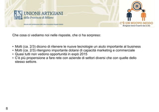 8
Che cosa ci vediamo noi nelle risposte, che ci ha sorpreso:
• Molti (ca. 2/3) dicono di ritenere le nuove tecnologie un aiuto importante al business
• Molti (ca. 2/3) ritengono importante dotarsi di capacità marketing e commerciale
• Quasi tutti non vedono opportunità in expò 2015
• C’è più propensione a fare rete con aziende di settori diversi che con quelle dello
stesso settore.
 