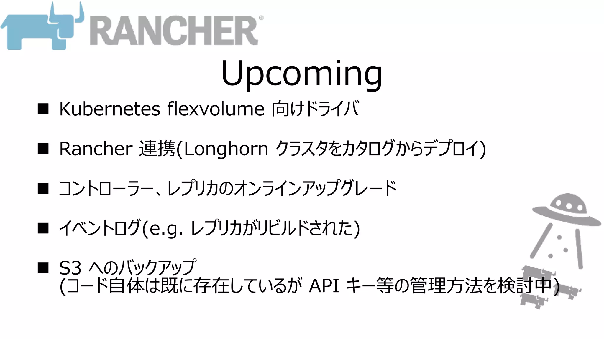 Upcoming
 Kubernetes flexvolume 向けドライバ
 Rancher 連携(Longhorn クラスタをカタログからデプロイ)
 コントローラー、レプリカのオンラインアップグレード
 イベントログ(e.g. レプリカがリビルドされた)
 S3 へのバックアップ
(コード自体は既に存在しているが API キー等の管理方法を検討中)
 