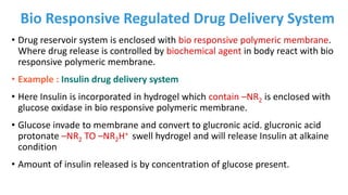 Bio Responsive Regulated Drug Delivery System
• Drug reservoir system is enclosed with bio responsive polymeric membrane.
Where drug release is controlled by biochemical agent in body react with bio
responsive polymeric membrane.
• Example : Insulin drug delivery system
• Here Insulin is incorporated in hydrogel which contain –NR2 is enclosed with
glucose oxidase in bio responsive polymeric membrane.
• Glucose invade to membrane and convert to glucronic acid. glucronic acid
protonate –NR2 TO –NR2H+ swell hydrogel and will release Insulin at alkaine
condition
• Amount of insulin released is by concentration of glucose present.
 
