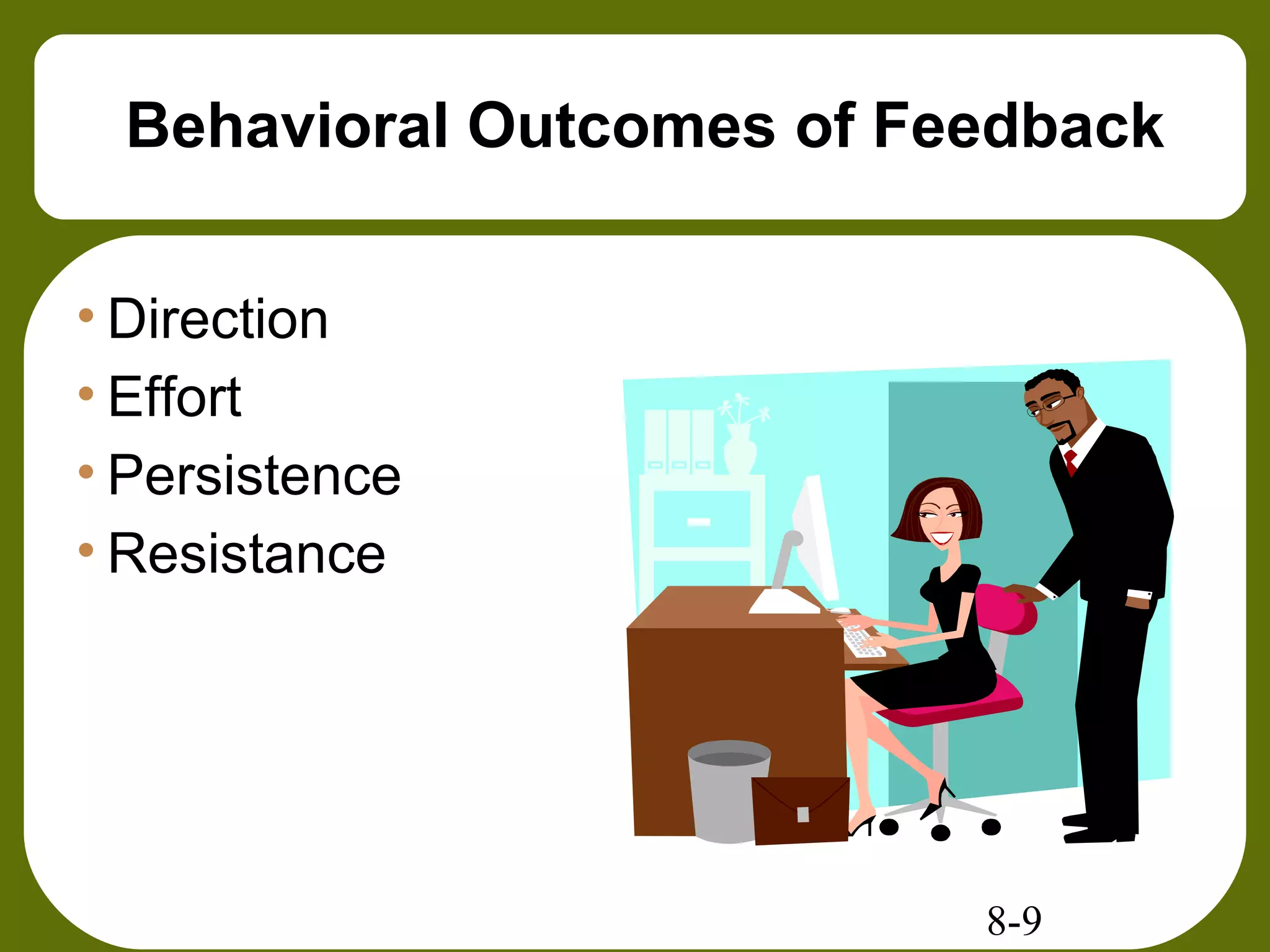 8-9
Behavioral Outcomes of Feedback
• Direction
• Effort
• Persistence
• Resistance
 
