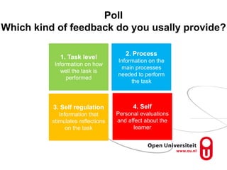 Poll
Which kind of feedback do you usally provide?
1. Task level
Information on how
well the task is
performed
2. Process
...