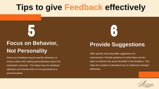 Tips to give Feedback effectively
Direct your feedback toward specific behaviors or
actions rather than making generalizations about the
individual's character. This helps keep the feedback
objective and ensures that it is not perceived as a
personal attack.
Focus on Behavior,
Not Personality Offer specific and actionable suggestions for
improvement. Provide guidance on what steps can be
taken to address the areas identified in the feedback. This
helps the recipient understand how to implement changes
effectively.
Provide Suggestions
 