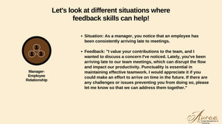 Situation: As a manager, you notice that an employee has
been consistently arriving late to meetings.
Feedback: "I value your contributions to the team, and I
wanted to discuss a concern I've noticed. Lately, you've been
arriving late to our team meetings, which can disrupt the flow
and impact our productivity. Punctuality is essential in
maintaining effective teamwork. I would appreciate it if you
could make an effort to arrive on time in the future. If there are
any challenges or issues preventing you from doing so, please
let me know so that we can address them together."
Let's look at different situations where
feedback skills can help!
Manager-
Employee
Relationship
 