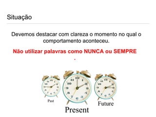 Situação
Devemos destacar com clareza o momento no qual o
comportamento aconteceu.
Não utilizar palavras como NUNCA ou SEMPRE
.
 