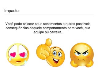 Impacto
Você pode colocar seus sentimentos e outras possíveis
consequências daquele comportamento para você, sua
equipe ou carreira.
 