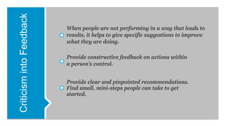 CriticismintoFeedback When people are not performing in a way that leads to
results, it helps to give specific suggestions to improve
what they are doing.
Provide constructive feedback on actions within
a person’s control.
Provide clear and pinpointed recommendations.
Find small, mini-steps people can take to get
started.
 