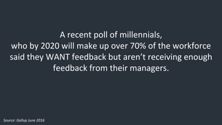 A recent poll of millennials,
who by 2020 will make up over 70% of the workforce
said they WANT feedback but aren’t receiving enough
feedback from their managers.
Source: Gallup June 2016
 
