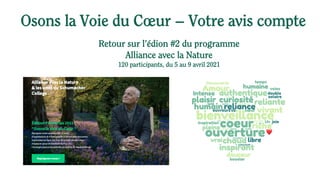 Osons la Voie du Cœur – Votre avis compte
Retour sur l’édion #2 du programme
Alliance avec la Nature
120 participants, du 5 au 9 avril 2021
 
