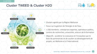 Cluster TWEED & Cluster H2O
CLUSTERS
Summer Event • Objectif zéro émission : décarbonation du secteur de l'eau • 12 juin 2025 2
• Clusters agréés par la Région Wallonne
• Focus sur la gestion de l’énergie et de l’eau
• > 250 membres : entreprises expertes, opérateurs publics,
centres de recherches, universités, acteurs de la formation
• Objectifs : accélérer la croissance et l'innovation par le
biais de partenariats et de soutien au développement de
projets, en Wallonie et à l'international.
 